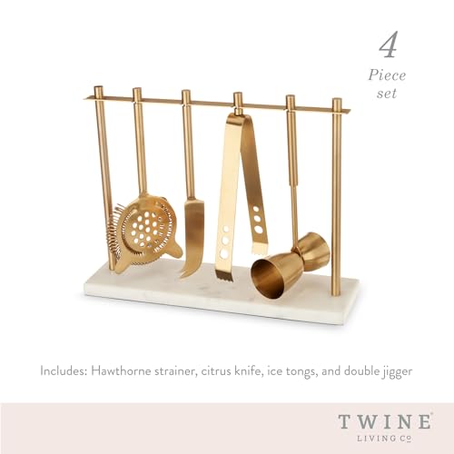 Twine Bar Tool Set Includes Hawthorne Strainer, Citrus Knife, Ice Tongs, Double Jigger with Marble Display Stand for Class...
