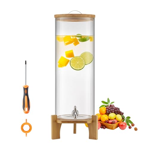 VEVOR Beverage Dispenser, 3.5 Gallon Drink Dispensers for Parties, Glass Juice Dispenser with Wood Stand, Stainless Steel ...