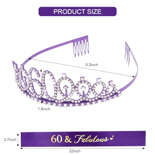 CIEHER 60th Birthday Crown and Sash - Purple 60th Decorations Women's 60 & Fabulous Sash