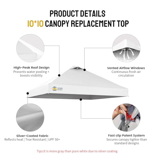 CROWN SHADES 10x10 Canopy Replacement Top - Only Compatible with Crown Shades RM100H Series, Silver Coated with Air Vent, ...
