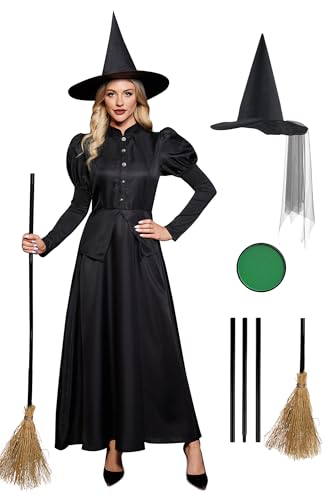 Clarisbelle Women Halloween Wizad Cosplay Wicked Gothic Witch Sorceress Costume Magician Long Sleeve Elpheba Adult Dress Black L