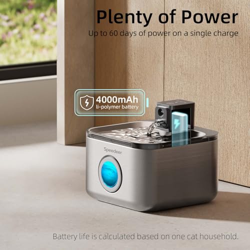 Speedeer Wireless Cat Water Fountain Stainless Steel, 135oz/4L Pet Fountain Battery Operated, Cordless Running Water Dispe...