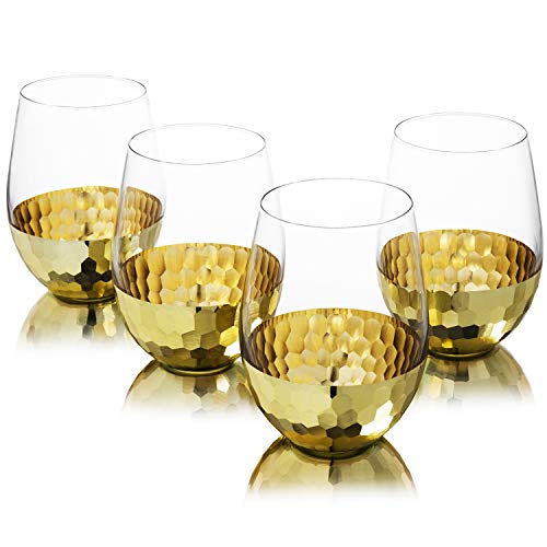 MyGift Modern Stemless Champagne Flute Glass Set of 4 Party Drinkware, Cocktails Prosecco Mimosa Glasses with Hammered Bra...