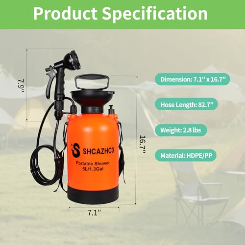 Shcazhcx 1.3 Gallon/5L Portable Outdoor Shower, 10 Spray Modes, No Power Needed, Insulated Sleeve Keeps Water Warm, Multi-...