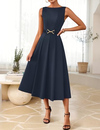 ZESICA Women Summer Sleeveless Midi Dresses 2026 Elegant Boat Neck A Line Tie Waist Spring Cocktail Party Dress