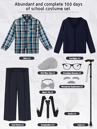 Gnodio 100 Days of School Costume for Boys Old Man Costume for Kids 100th Day of School Grandpa Dress up Outfit Accessories