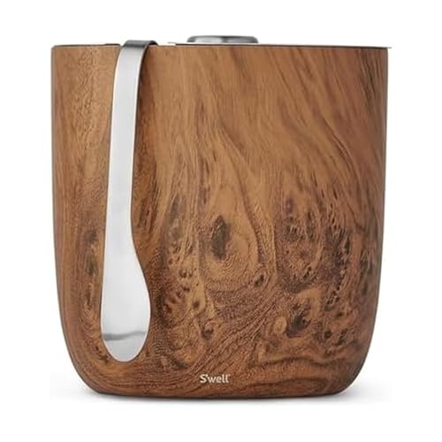 S’well Stainless Steel Ice Bucket with Tongs, 68oz Capacity, Teakwood Finish, Triple-Layer Vacuum Insulated to Keep Ice Co...
