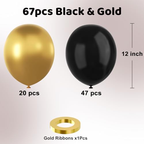 YMSZ Black and Gold Balloons, 67pcs 12 Inch Metallic Gold and Black Balloons for Birthday, Retirement, Graduation, New Yea...