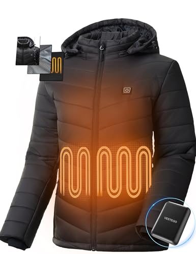 Vestego Heated Jackets for Women, Heated Jacket with 12V 20000mAh Battery Pack, 6 Heating Zones, Black
