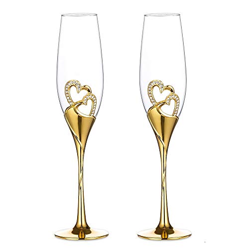 Wedding Champagne Glass Set Gold Toasting Flute Glasses Deluxe Pack of 2 with Rhinestone Rimmed Hearts Decoration for Wedd...