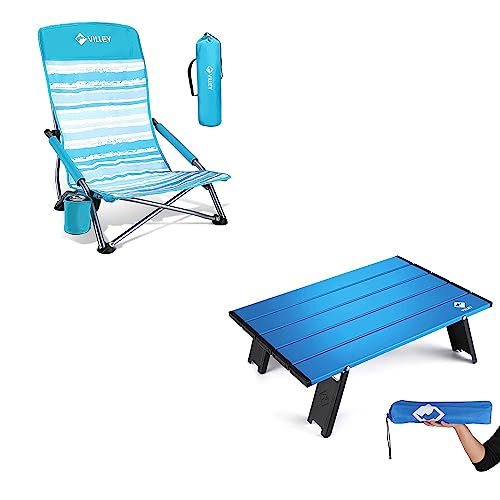 VILLEY Low Beach Chair, High Back Folding Beach Chair for Adults Portable Mini Folding Beach Table, Ultralight Aluminum Si...