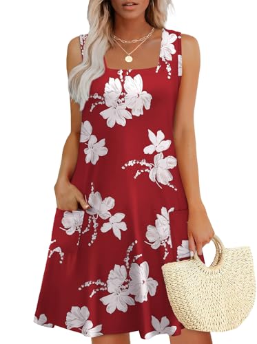 OFEEFAN Womens Square Neck Tank Dresses 2025 Summer Spring Loose Swing Sundresses with Pockets Plain/Print
