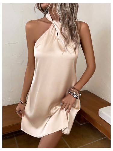 Floerns Women's Pearl Beaded Halter Twist Sleeveless Tie Back Dress A Line Dress