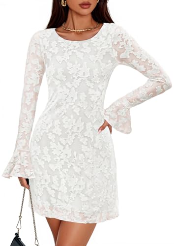 ZESICA Long Sleeve Mini Dresses for Women Spring Mesh Floral Crewneck Bodycon Wedding Guests Cocktail Party Short Dress