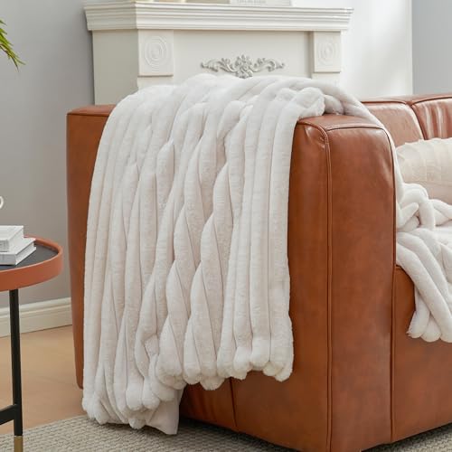 Amélie Home Faux Fur Throw Blanket for Couch, Cozy Fuzzy Fluffy Fur Luxurious Soft Striped Plush Gift Blankets for Family ...