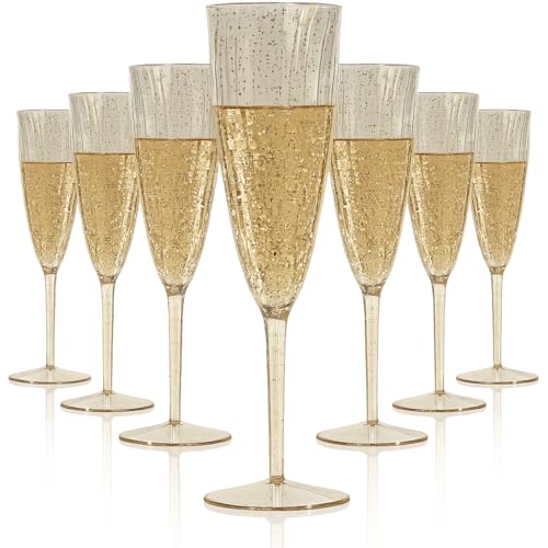 Oojami 6 Oz Gold Glitter Plastic Champagne Glasses 24 Pack Hard Disposable Plastic Champagne Flute Ideal for Home Daily Li...