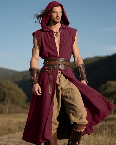 L'VOW Men's Medieval Hooded Surcoat Renaissance Tabard Sleeveless Tunic Cloak Viking Costume Holloween Assassin Cosplay
