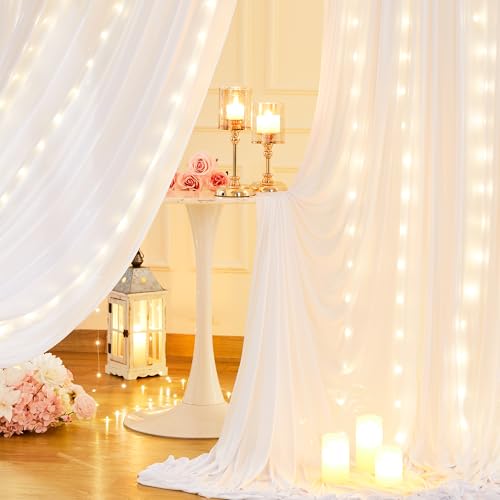 Wish Care 10x10ft White Backdrop Curtains with Lights String for Parties Wrinkle Free White Curtains Soft Fabric Photo Dra...
