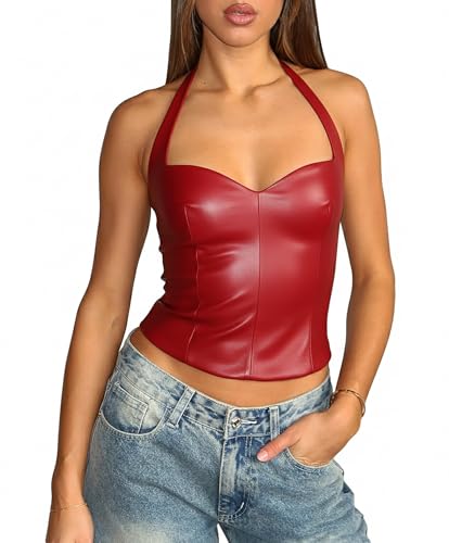 Coloquin Women Sexy Leather Top Sweetheart Neckline Halter Tops Backless Club Party Rave Going Out Tops