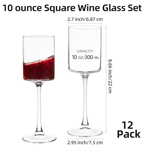 Square Wine Glasses Set of 12,10oz Large Champagne Flute, Square Unique White & Red Wine Goblets, Dishwasher-safe Clear (12)