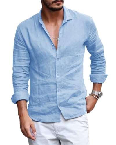 Mens Button Down Shirt Linen Cotton Shirts Casual Long Sleeve Spread Collar Lightweight Beach Plain Tops