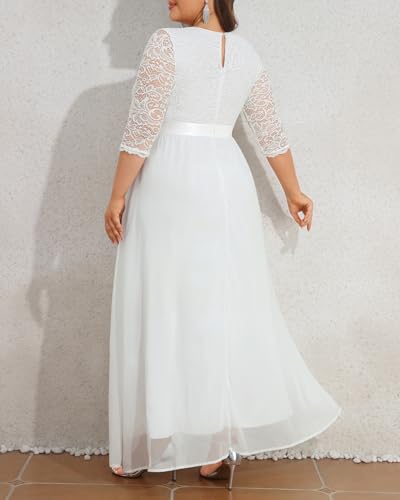 Pinup Fashion Wedding Dresses for Bride Plus Size - Formal Evening Gown Wrap Neck Lace Chiffon Long Dress