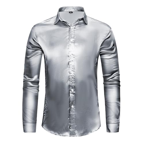AOTORR Men's Luxury Shiny Silk Like Satin Button Up Dress Shirts Slim Fit Long Sleeve Nightclub Party Disco Prom Shirts