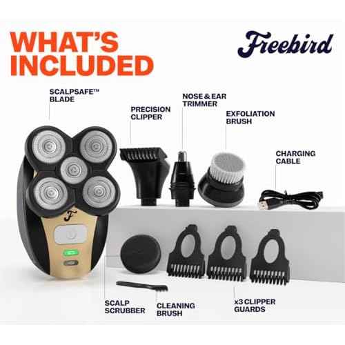 Freebird FlexSeries Electric Head & Body Hair Shaver - Mens Cordless Rechargeable Wet/Dry Skull Bald Head Back & Groin Waterproof Razor with Rotary Blades, Clippers, Nose Trimmer, Brush, Massager