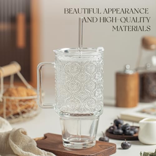 KEMORELA 4-Pack 24 Oz Glass Tumblers with Straws and Lids, Iced Coffee Cups with Begonia Floral Pattern, Smoothie Cups wit...