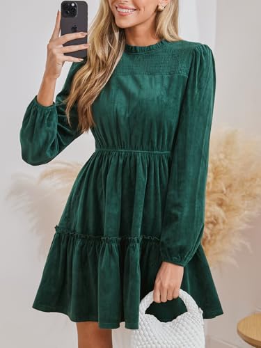 CUPSHE Women Ruffle Fall Dresses Long Bubble Sleeve Crewneck Smocked Waist Holiday Party Winter Mini Dress