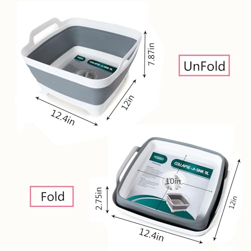 FOSJGO 2.4 Gal(9L) Collapsible Dish Basin with Drain Plug,Space Saving Multiuse Foldable Sink Tub,Dishpan,Kitchen Sink for...