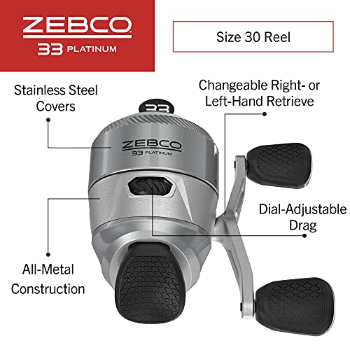Zebco 33 Platinum Spincast Fishing Reel, Size 30 Reel, Right or Left-Hand Retrieve, 4.7:1 Gear Ratio, Pre-spooled with 10 ...
