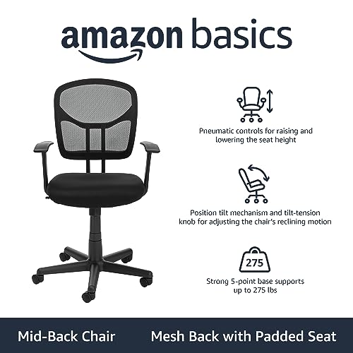 Amazon Basics Mesh Mid-Back Adjustable-Height 360-Degree Swivel Office Desk Chair with Armrests, Lumbar Support and Easy t...