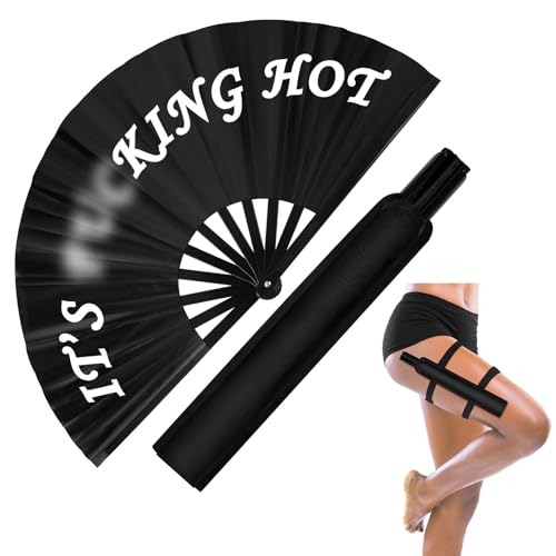 Anglechic 13" Large Folding Rave Fan with Holster for Men Women Festival Line Dancing Music Festival Party Black Decoration