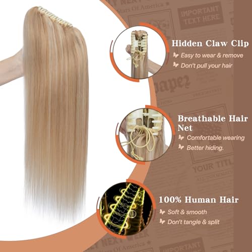 Claw Clip In Ponytail Extension, 100% Human Hair Ponytail Extension, No Tangle & Smooth, 105g, 16 Inch #Blonde & Bleach Blonde