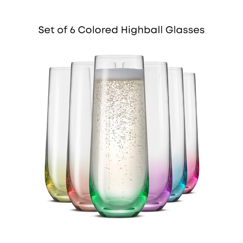 JoyJolt Hue Stemless Champagne Flutes Set of 6 Colored Glasses, 9.5oz Cocktail Glass Set for Mimosa, Stemless Champagne Gl...