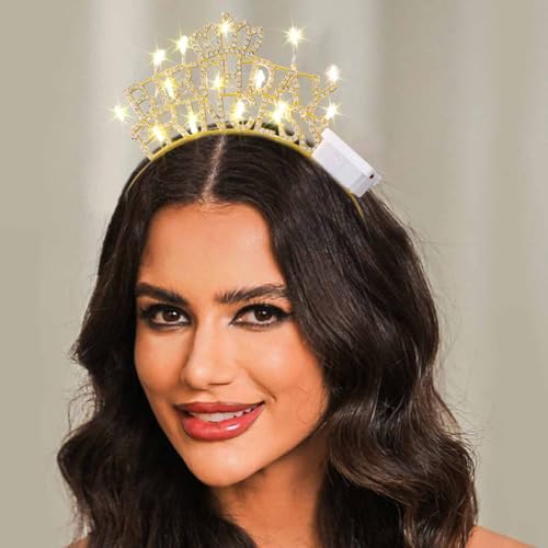 DRESBE Light Up Birthday Tiara LED Princess Crown Headband Glow Party Hair Accessories for Women (Gold)