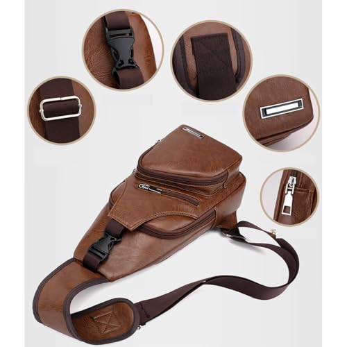 PU Sling Bag Mens Crossbody Bags Chest Bag Daypack Backpack for Men with USB Charge Port Earphone Hole Travel Outdoor Camping