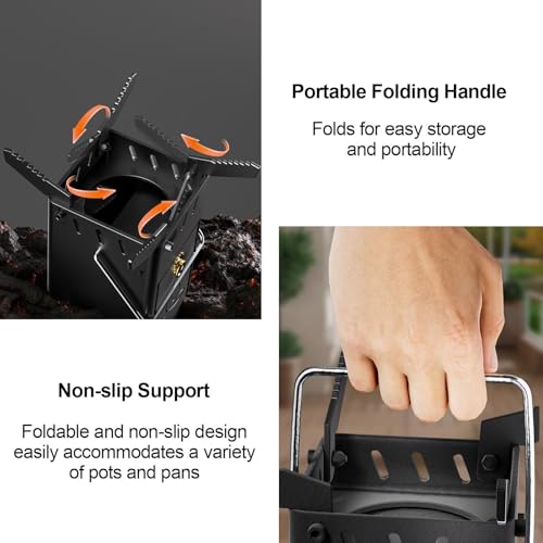 Portable Foldable Wood Stove for Camping Tents, Multi-Functional Steel Rocket Stove, Lightweight Black Camping Cookware, P...