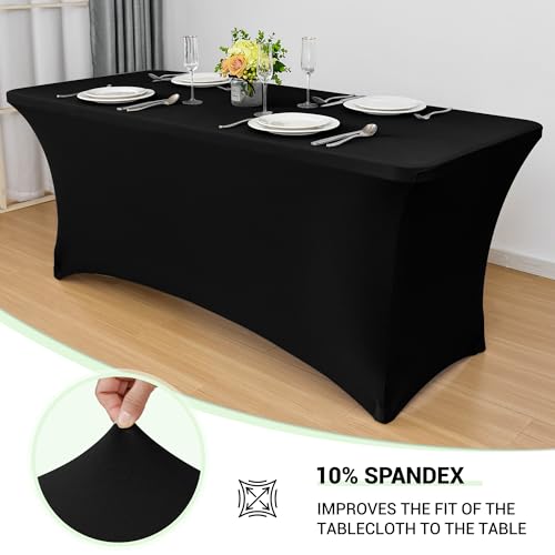 Obstal 6ft Stretch Black Spandex Table Cloth for Standard Folding Tables - 2 Pack Universal Rectangular Fitted Tablecloth ...