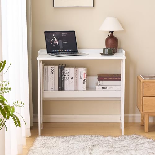 cayglow Foldable Desk，Folding Table with Storage Shelf,32.6 Inch Fold Out Computer Desk for Small Spaces,Writing Desk for ...