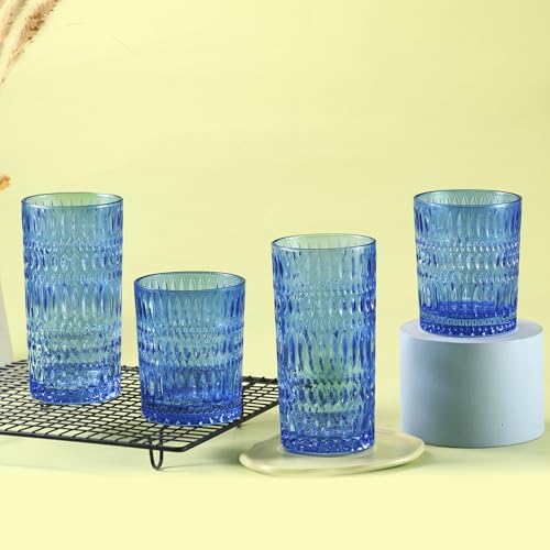 Loivttvv Glassware Drinking Glasses Set of 8, 14 oz Highball Glasses & 10 oz Ribbed Glass Cups, Vintage Glassware for Wate...
