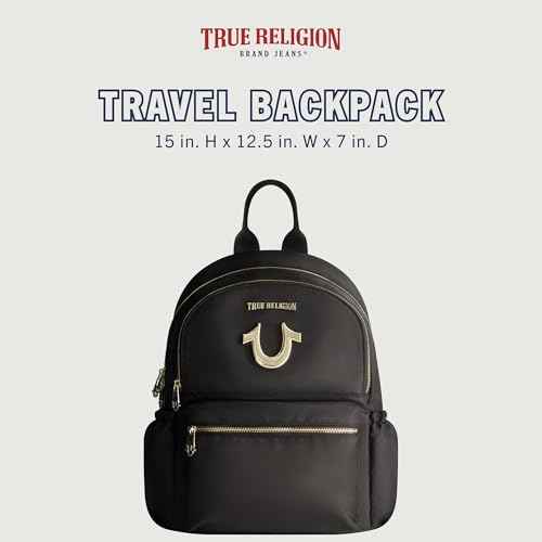 True Religion Backpack, Zip pocket, Horseshoe Logo Travel Bag, Black