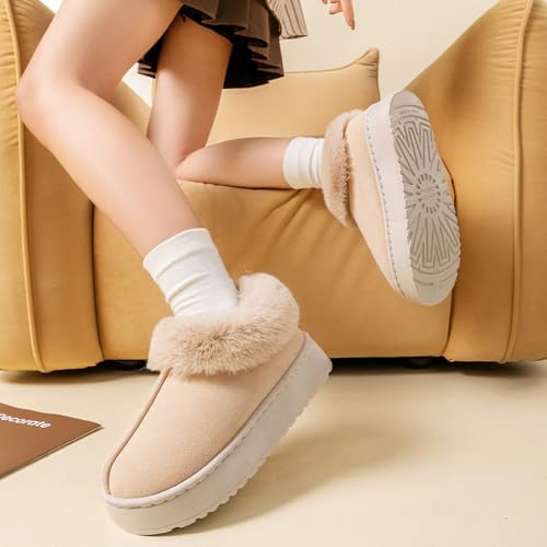 Fuzzy Collar Warm Shoes for Women and Men, Non-slip Fluff Memory Foam Closed-back Winter Slippers, Faux Wool Outdoor Indoo...