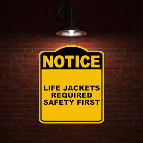 LIFE JACKETS REQUIRED SAFETY FIRST Notice Yellow Black Aluminum Composite Sign 20 x 24 inches
