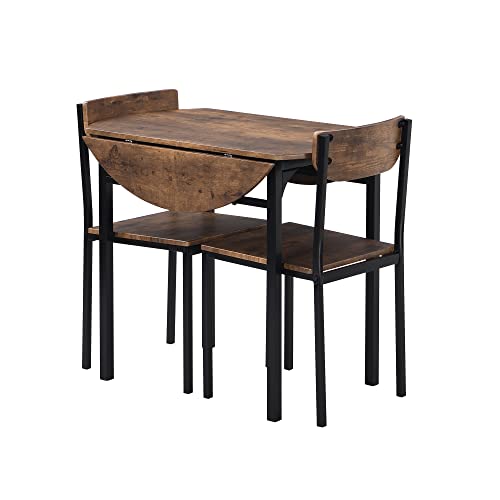 P PURLOVE 3 Piece Drop Leaf Dining Table Set,Solid Wood Kitchen Table and Chair Set of 2,Farmhouse Round Table and 2 Chair...