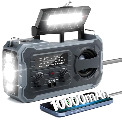 Hand Crank Emergency Radio, 10000mAh Weather Radio with AM/FM/NOAA, Solar Prower, SOS Alarm, Phone Charging, LED Flashligh...
