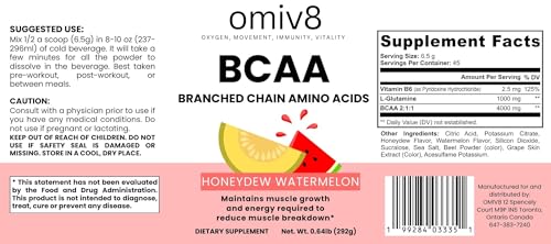 OMIV8 BCAA Powder – Honeydew Watermelon | 2:1:1 Branched Chain Amino Acids | Muscle Recovery, Hydration & Endurance Suppor...