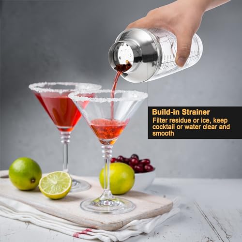 Tiawudi 23oz Glass Cocktail Shaker Set, 4PCS Bartender Kit, Martini Mixer Shaker with Built-in Strainer, Measuring Jigger,...