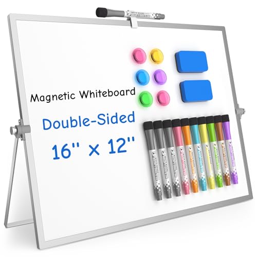 Grtard Dry Erase Magnetic White Board, 16''x12'' Double-Sided Desktop Whiteboard with Stand, Portable Small Whiteboard Se...
